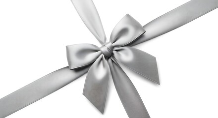 Fototapeta premium A elegant silver silk ribbon tied into a decorative bow isolated on a clean white background view