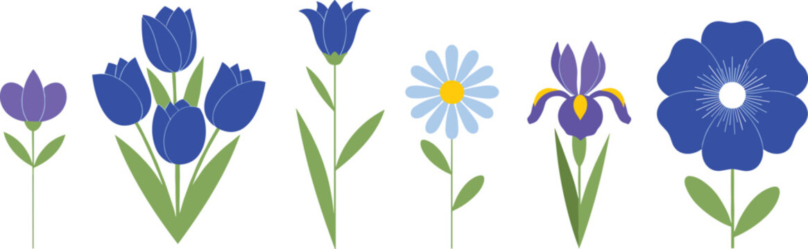 Blue Floral Icon Set with Tulips, Daisy, Iris, and Botanical Flowers in Minimal Flat Design Style for Nature and Garden Illustration