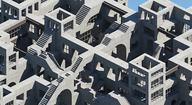 An intricate, impossible architectural structure featuring numerous interconnected staircases, arches, and cuboid forms, creating a complex, maze-like illusion.