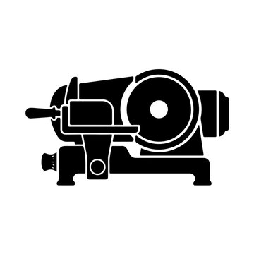black and white silhouette of a commercial electric food slicer, featuring the iconic circular blade and sliding carriage for professional deli and butcher shop use