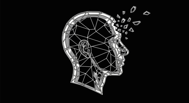Wireframe human head with polygonal mesh and fragments breaking off symbolizing data loss or mental fragmentation