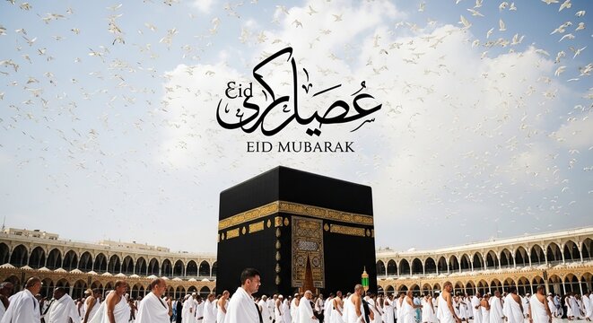 Eid mubarak greeting with kaaba in mecca and flock of birds in the sky