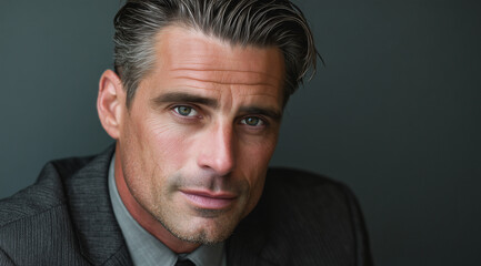 Fototapeta premium Sophisticated Mature Businessman in Dark Gray Suit with Confident Sharp Gaze
