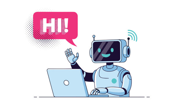 Friendly robot sitting at a laptop and waving with a hi speech bubble for artificial intelligence customer service concepts.