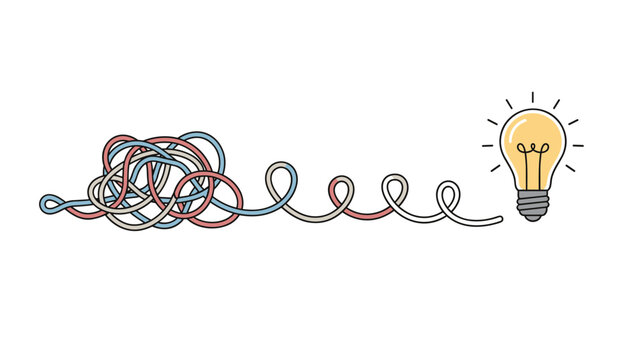 Conceptual illustration of tangled string unraveling and turning into a glowing lightbulb representing a creative problem solution.