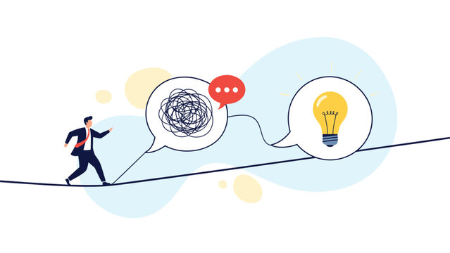 Person walking a tightrope towards a glowing lightbulb passing a messy tangle bubble for creative solution and path to success.