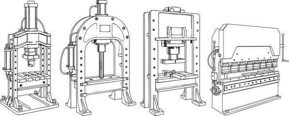 Fototapeta premium Black and white line art vector illustration set of heavy industrial hydraulic press machines and metal sheet bending brake equipment for professional manufacturing and metalworking factory processes.