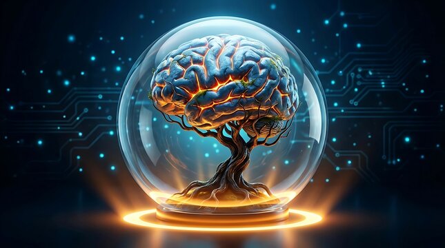 Intelligent Neural Network Brain Tree Growing inside a Glowing Glass Sphere, Symbolizing AI Development, Cognitive Growth, and Innovative Technology Solutions on a Digital Circuit Background.