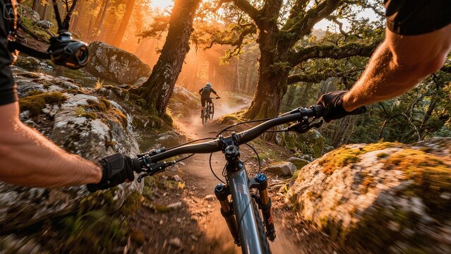 Adrenaline-fueled first-person view of mountain bikers conquering a challenging, sun-drenched forest trail during a vibrant golden hour ride