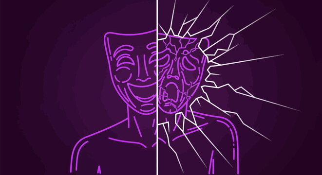 Split personality concept with smiling and screaming faces in purple tones