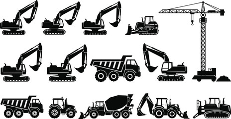 Construction heavy machinery set including excavator crane dump truck bulldozer and concrete mixer icons for industrial building site and civil engineering projects isolated on white. © MstLata