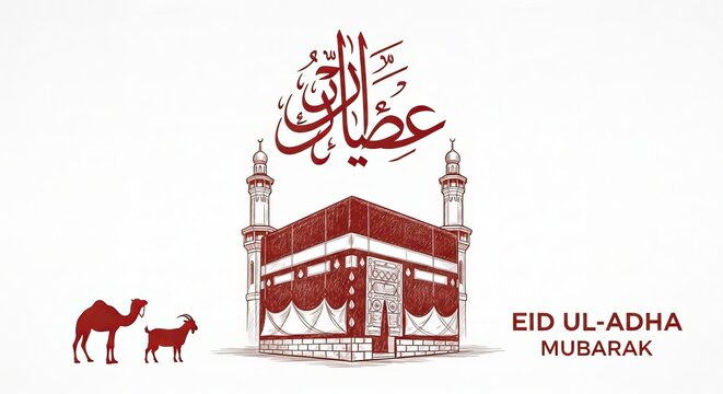 Eid uladha mubarak greeting card with kaaba illustration isolated on white background