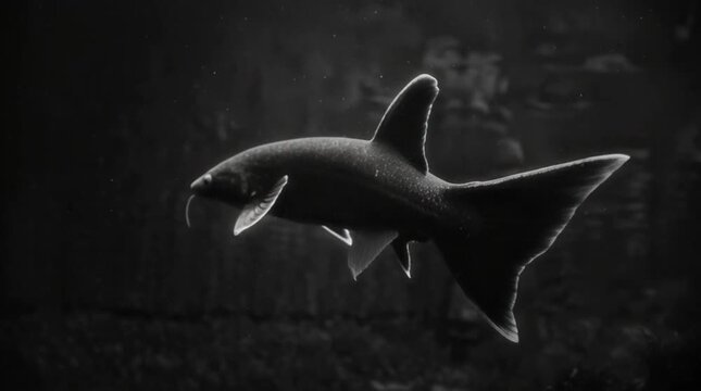Moody Black and White Amazon Catfish Swimming in Dark River