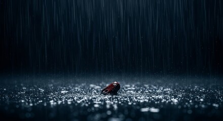 Fototapeta premium Thick rain falls through cold shadows, illustrating heavy emotional burdens, melancholy, and a profound sense of isolation and distress, grief, metaphor, night