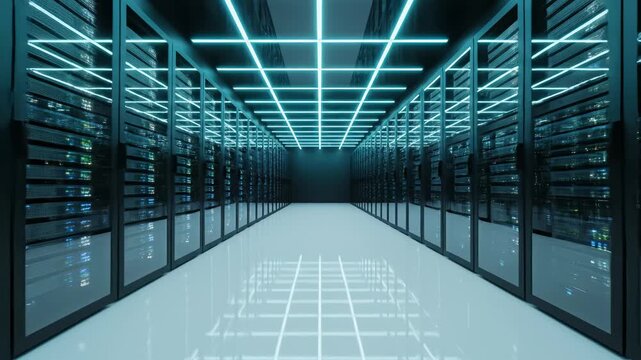 Long corridor with server racks and blue lights