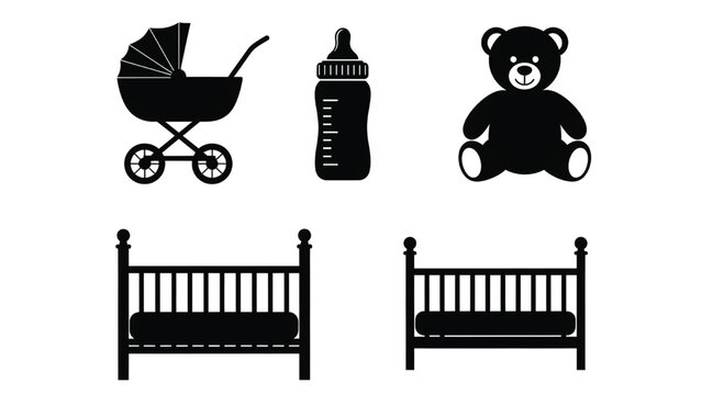 A set of baby icons including a stroller, bottle, teddy bear, and two beds