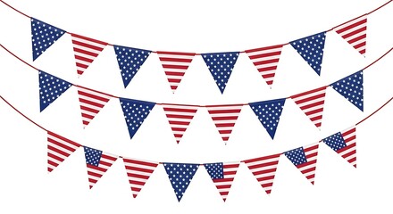 Obraz premium A festive set of three strings of american flag pennant banners isolated on a plain white background