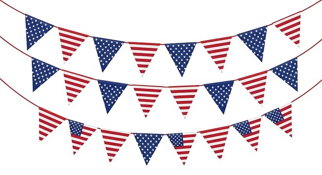 A festive set of three strings of american flag pennant banners isolated on a plain white background