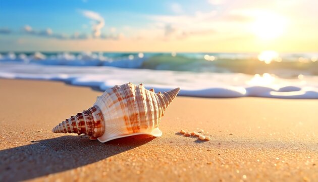 A serene beach scene with a conch shell on the sand