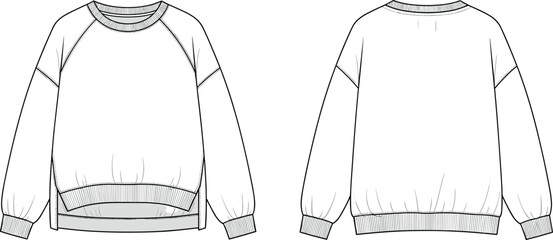 Women Oversized Crewneck Sweatshirt Fashion Technical Flat Sketch Template with Raglan Sleeves and High Low Side Slit Hem Clothing Vector © BIPUL