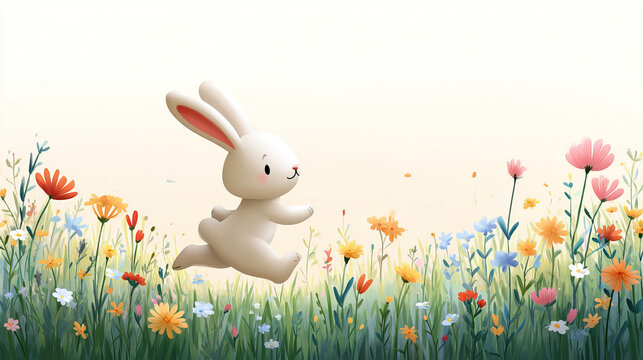 Cute cartoon bunny rabbit jumping through a colorful spring flower meadow