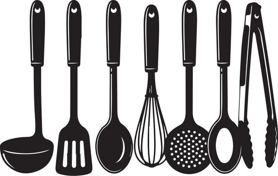 Black and white kitchen utensils illustration set