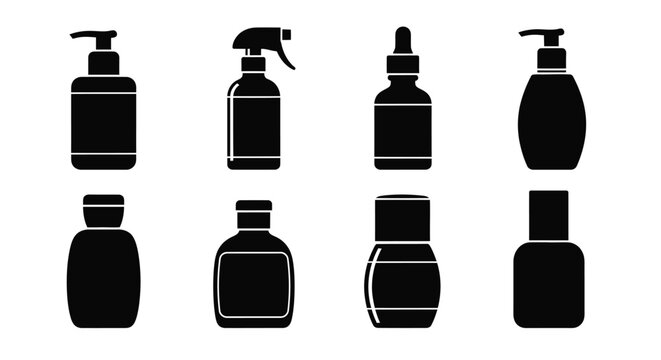 Collection of black silhouette cosmetic and cleaning product containers