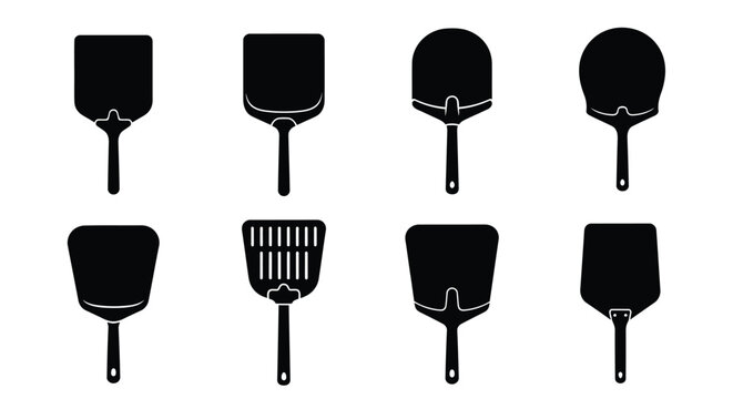 Collection of black silhouette kitchen tools pizza peels spatulas and more