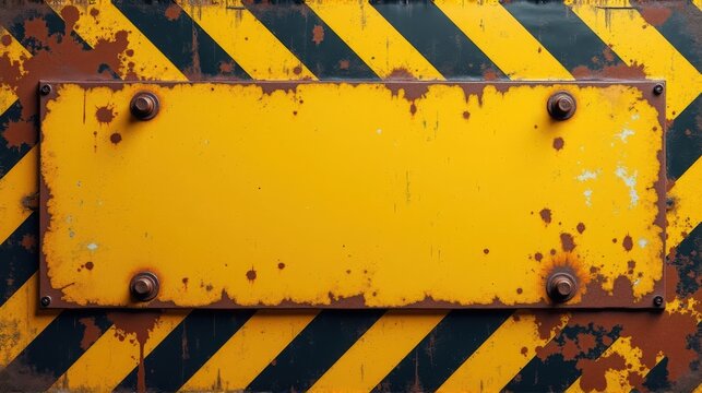 A close-up of a weathered yellow and black striped warning sign with rust marks and a blank center for customization.