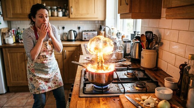 Shocked woman reacting to exploding pot on kitchen stove. Funny domestic cooking accident and fire