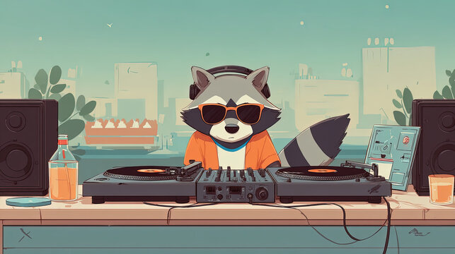 Cool raccoon dj playing music on turntables at an outdoor rooftop party
