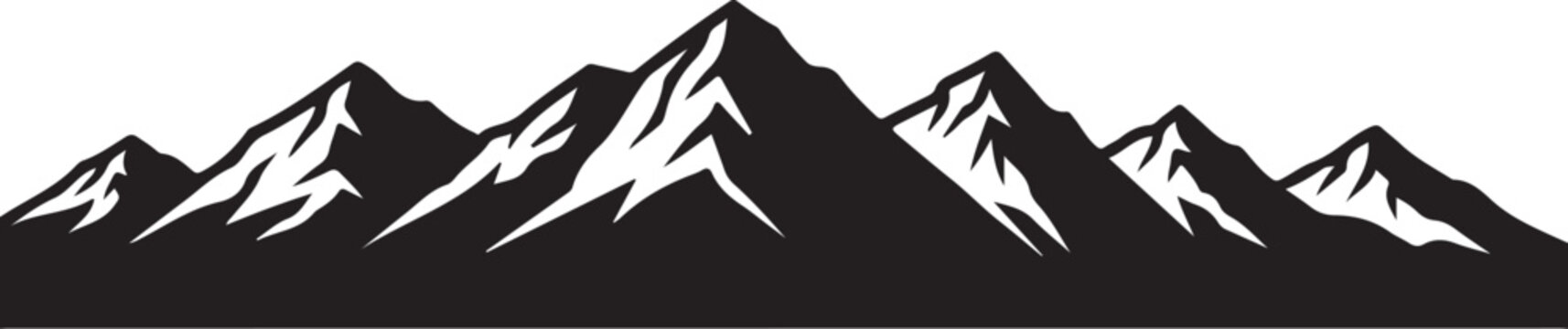 Black mountain range silhouette, snow-capped peaks, vector landscape, graphic design element