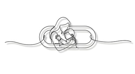 Obraz premium A single continuous line drawing of a mother holding her child within a rounded frame design