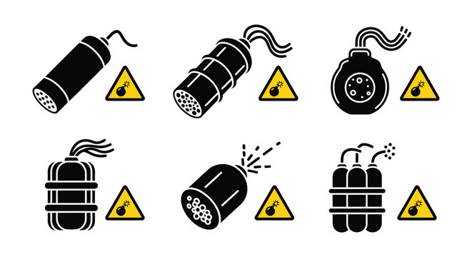 Warning depictions of various explosive devices and caution symbols