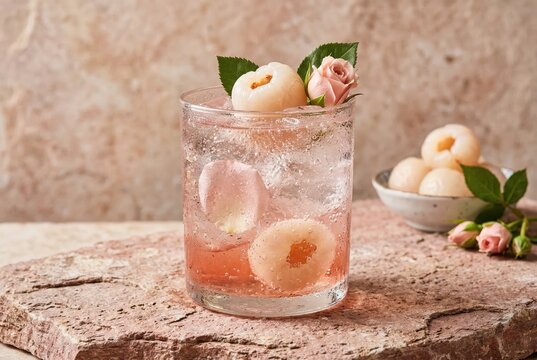 Refreshing sparkling lychee drink garnished with delicate pink roses and green leaves served in a stylish glass on textured stone backdrop creating an exquisite aesthetic experience