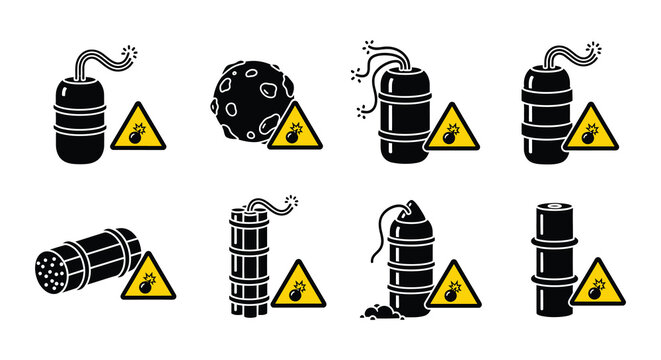Warning depictions of various explosive devices and caution symbols