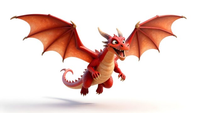 Friendly cartoon red dragon with large wings flying on a white background