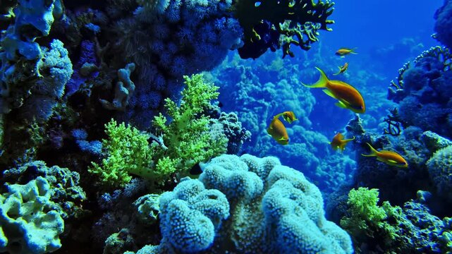 Spectacular reef formation lighted by bright sunlight, Red sea outstanding biodiversity. Phenomenal colorful corals in Egypt. 4k