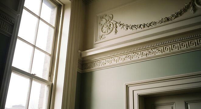 Elegant Neoclassical Interior Architecture with Ornate Crown Molding and Sash Window