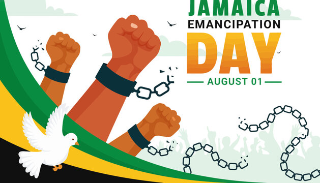 Jamaica Emancipation Day illustration with fists and dove symbolizing freedom