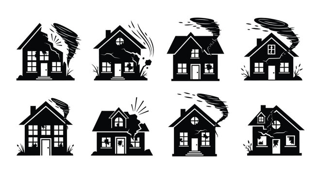 Illustrations depicting houses in varying states of damage from natural disasters