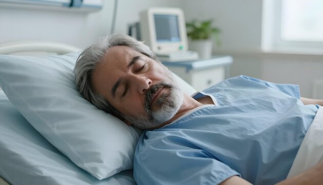 Elderly man sleeping peacefully in a hospital bed, recovering from illness or surgery
