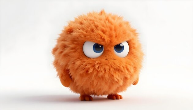 Cute fluffy orange monster with big blue eyes looking angry on a white background