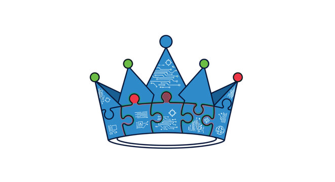 A blue crown, intricately formed from interlocking puzzle pieces displaying circuit board patterns, stands prominently on a white backdrop.
