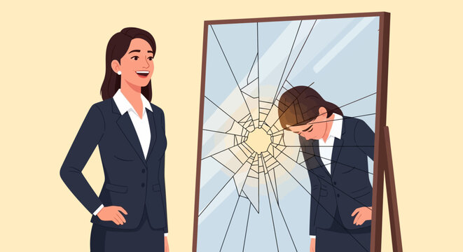Confident businesswoman stands beside broken mirror reflecting stressed colleague symbolizing mental health