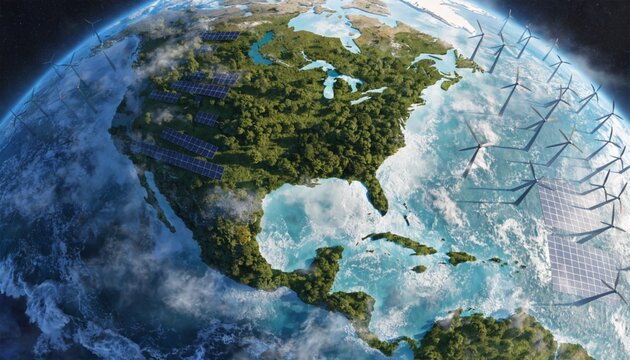 Close-up view of north america continent on planet earth with wind tur
