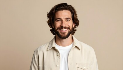Fototapeta premium Smiling man with beard and wavy brown hair wearing a corduroy shirt over a white t-shirt