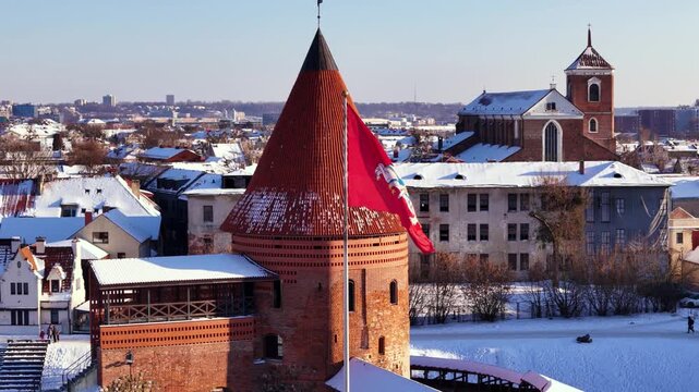Lithuania coat of arms flag and historcity of Kaunas, aerial view