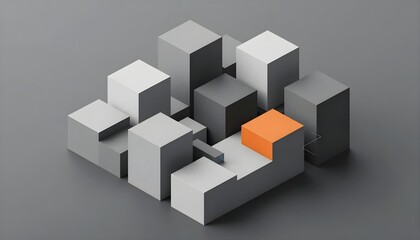 Obraz premium Abstract geometric composition with a single orange cube standing out from gray blocks