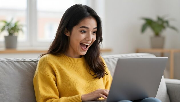 Young woman with excited expression looking at laptop screen while sitting on a couch